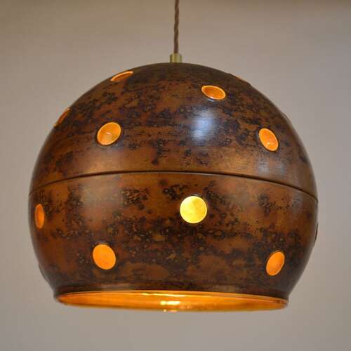Pair of Nanny Still Copper and Amber Glass Pendant Lamps