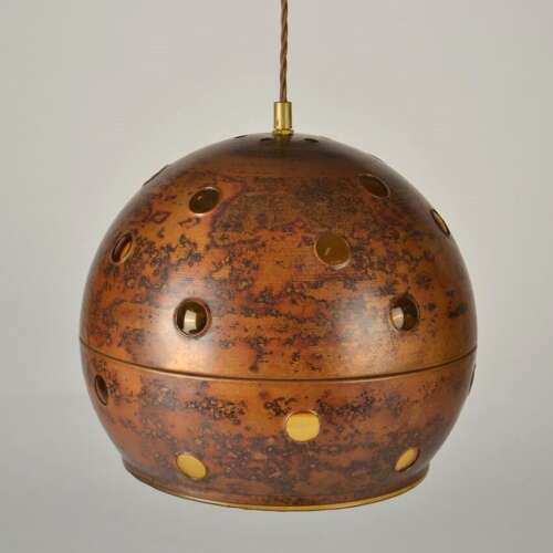 Pair of Nanny Still Copper and Amber Glass Pendant Lamps