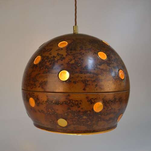 Pair of Nanny Still Copper and Amber Glass Pendant Lamps
