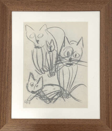 Expressive Drawing of Cats Framed 1966 Dutch