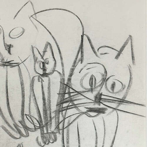 Expressive Drawing of Cats Framed 1966 Dutch