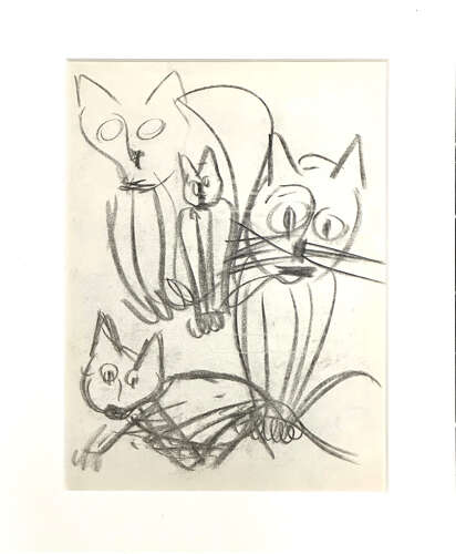 Expressive Drawing of Cats Framed 1966 Dutch