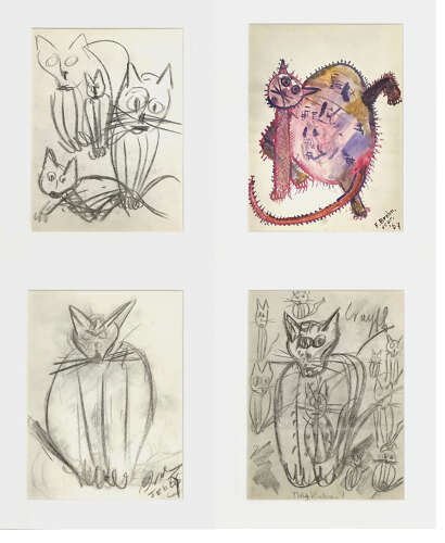Expressive Drawing of Cats Framed 1966 Dutch