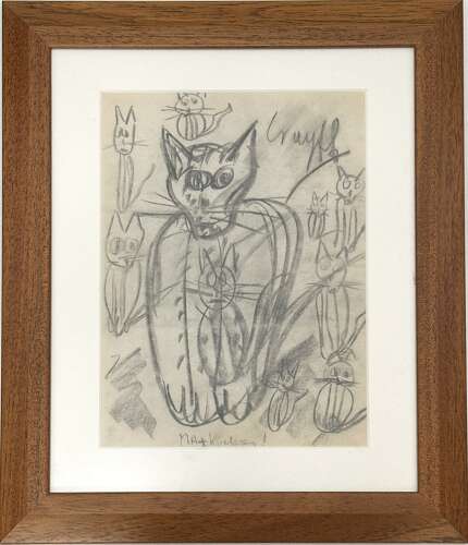Expressive Drawing of Cats Framed 1966 Dutch