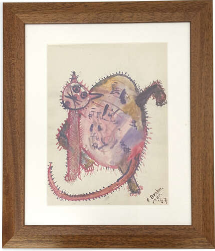 Expressive Drawing of Cats Framed 1966 Dutch
