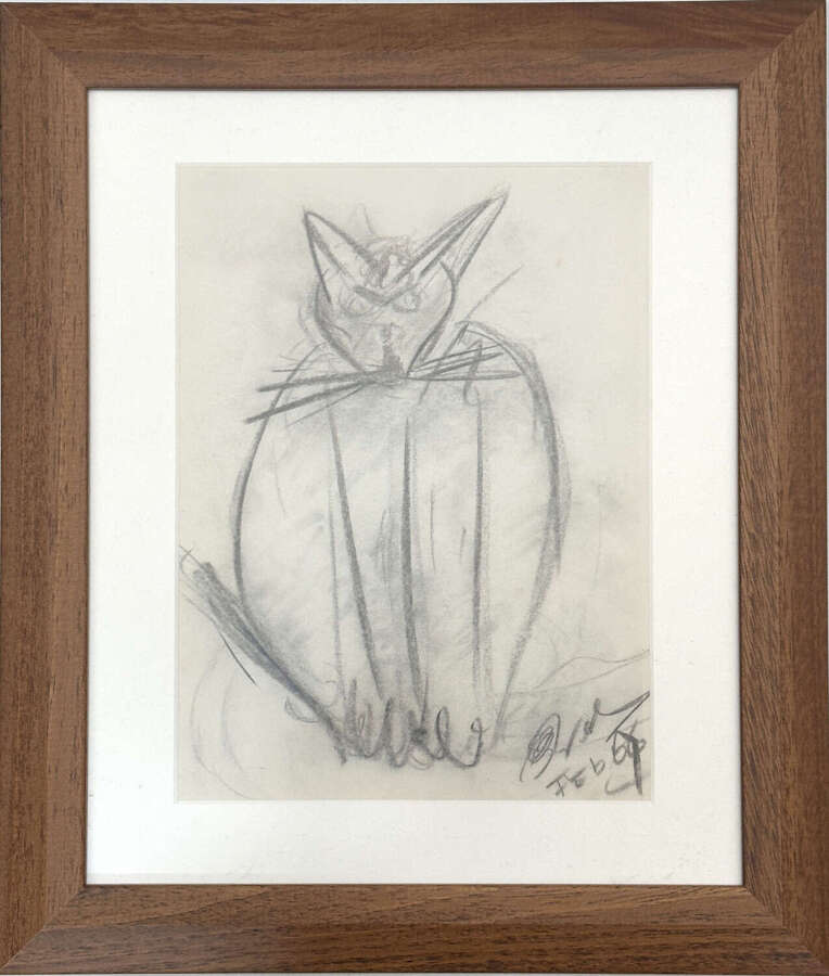 Expressive Cat Drawing Framed, Netherlands 1966