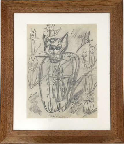 Expressive Cat with Kittens Drawing Framed, Dutch 1966