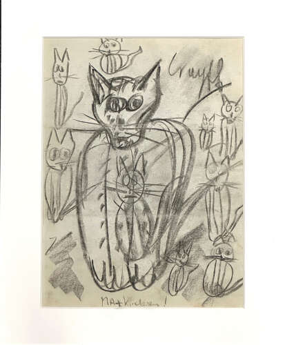 Expressive Cat with Kittens Drawing Framed, Dutch 1966