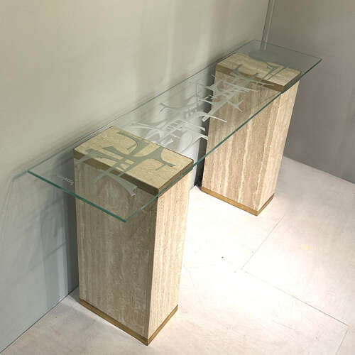 Unique Mid-Century Console Table with Engraved Abstract Expressionist Glass Top