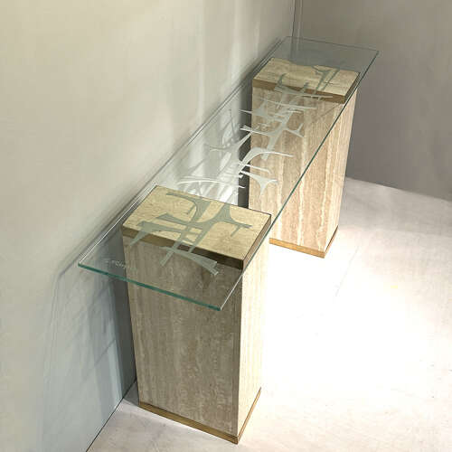 Unique Mid-Century Console Table with Engraved Abstract Expressionist Glass Top