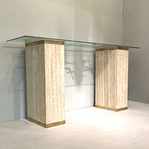 Unique Mid-Century Console Table with Engraved Abstract Expressionist Glass Top