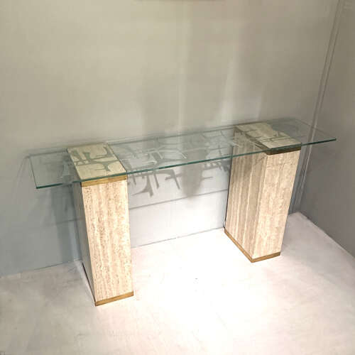 Unique Mid-Century Console Table with Engraved Abstract Expressionist Glass Top