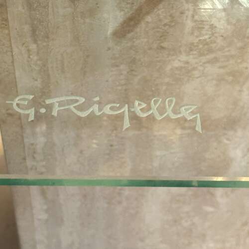 Unique Mid-Century Console Table with Engraved Abstract Expressionist Glass Top