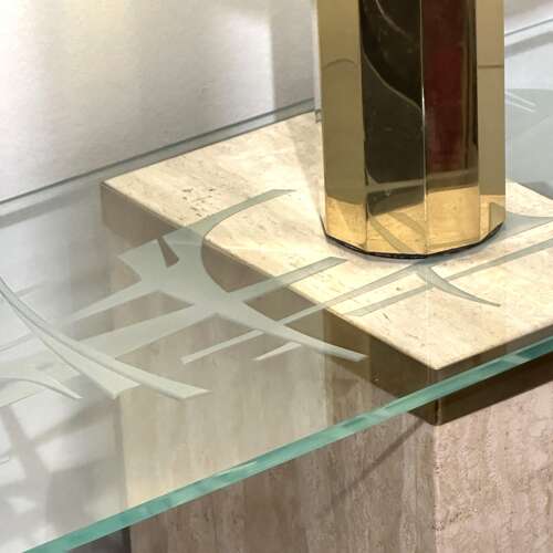 Unique Mid-Century Console Table with Engraved Abstract Expressionist Glass Top