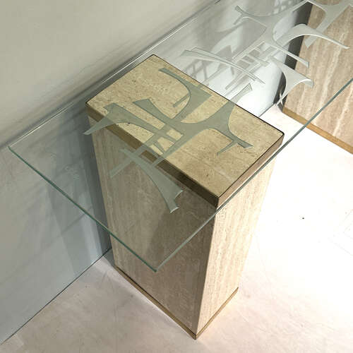Unique Mid-Century Console Table with Engraved Abstract Expressionist Glass Top
