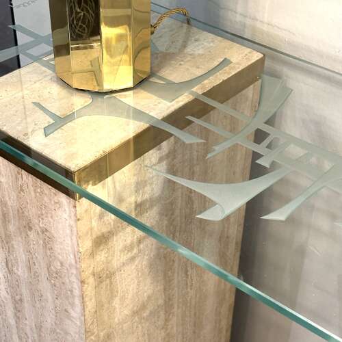 Unique Mid-Century Console Table with Engraved Abstract Expressionist Glass Top