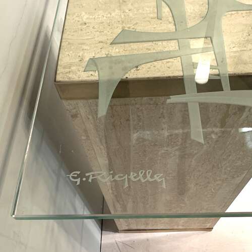 Unique Mid-Century Console Table with Engraved Abstract Expressionist Glass Top