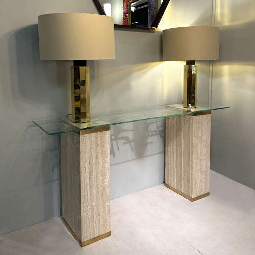 Unique Mid-Century Console Table with Engraved Abstract Expressionist Glass Top