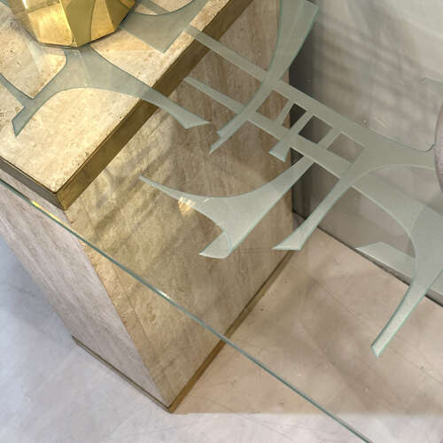 Unique Mid-Century Console Table with Engraved Abstract Expressionist Glass Top