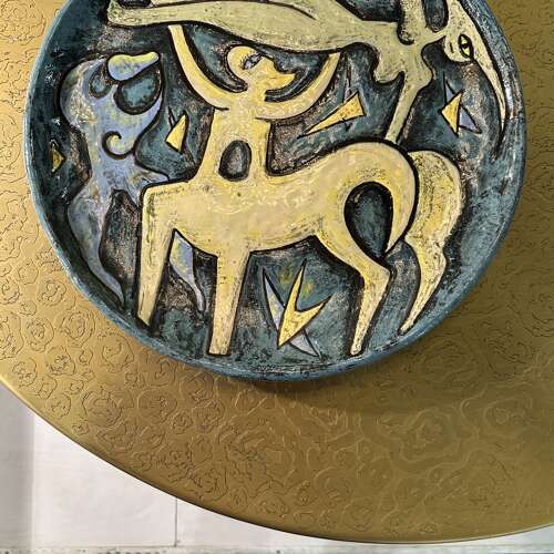Round Center of Dining Table on Brass with Relief Top, Europe, 1970's