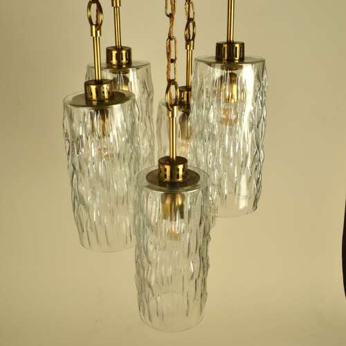 Large five-trier Kalmar 1950's Chandelier Clear Glass Cascading Shades and Brass