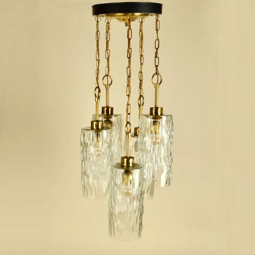 Large five-trier Kalmar 1950's Chandelier Clear Glass Cascading Shades and Brass