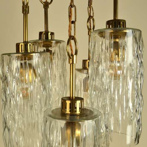 Large five-trier Kalmar 1950's Chandelier Clear Glass Cascading Shades and Brass