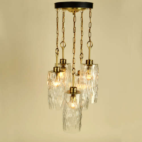 Large five-trier Kalmar 1950's Chandelier Clear Glass Cascading Shades and Brass