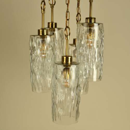 Large five-trier Kalmar 1950's Chandelier Clear Glass Cascading Shades and Brass